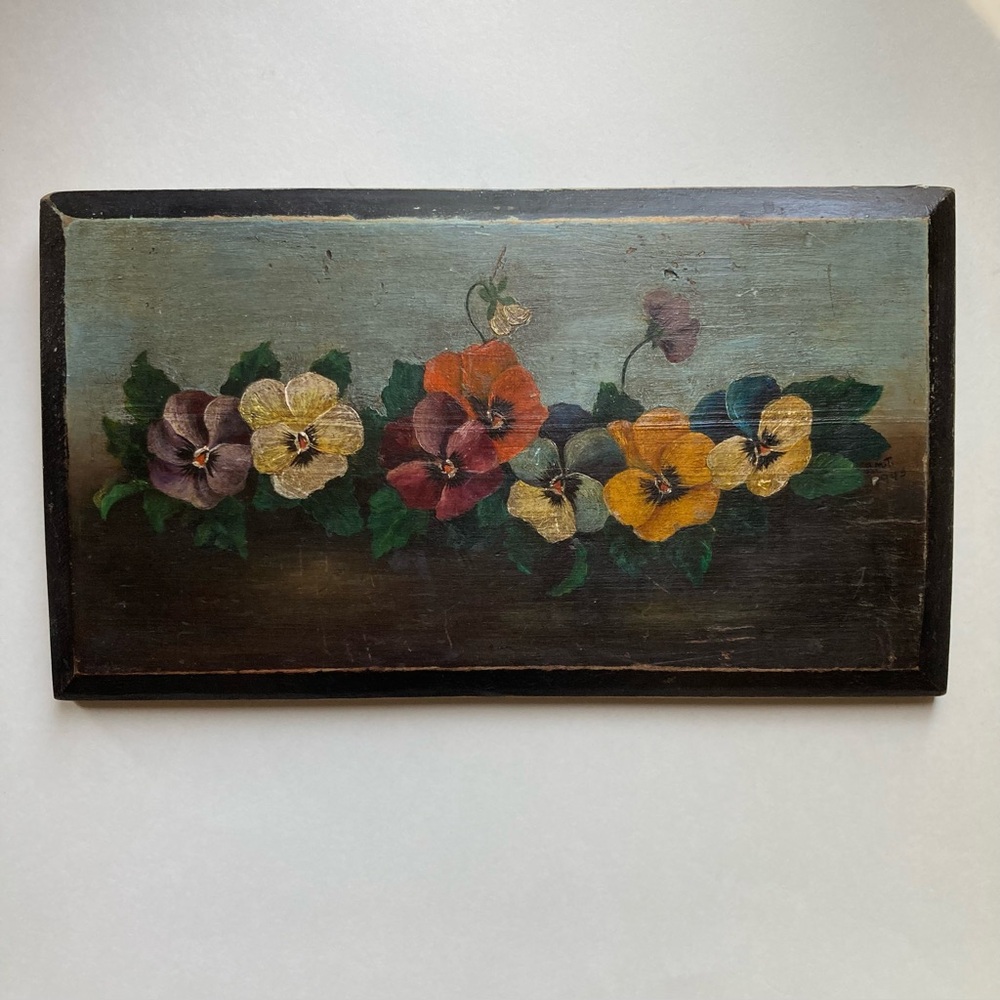 Vintage Hand Painted  Pansies Wooden Wall Art